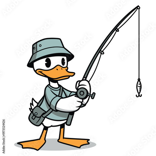 Adorable cartoon duck character wearing a bucket hat, patiently holding a fishing rod with a lure, ready for a fun day of angling.