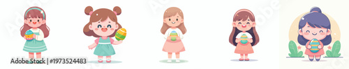 vector of a little girl standing holding an Easter egg