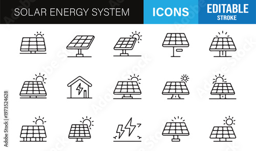 Minimal solar energy system icons pack for eco friendly technology and sustainability concepts