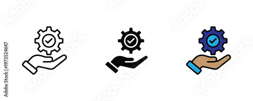 Human hand holding a gear mechanism with a checkmark icon set in thin line art, solid black, and vibrant multicolored styles for approved system settings, verified process, and technical maintenance. 