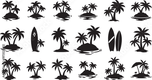 Tropical Palm Trees and Surfboards Silhouette Icons Set