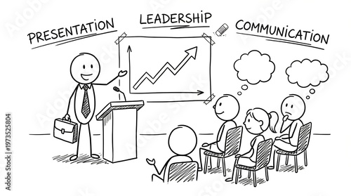 Stick Figure Business Presentation with Leadership and Communication Concepts in a Meeting Room Sketch