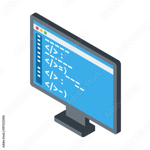 Isometric Computer Screen Displaying Code, Representing Software Development and Programming.