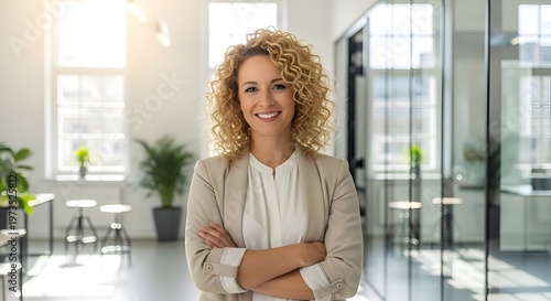 Confident female professional with blonde curly hair stands in a bright, modern office space with glass walls, radiating success and approachability in a corporate setting.
