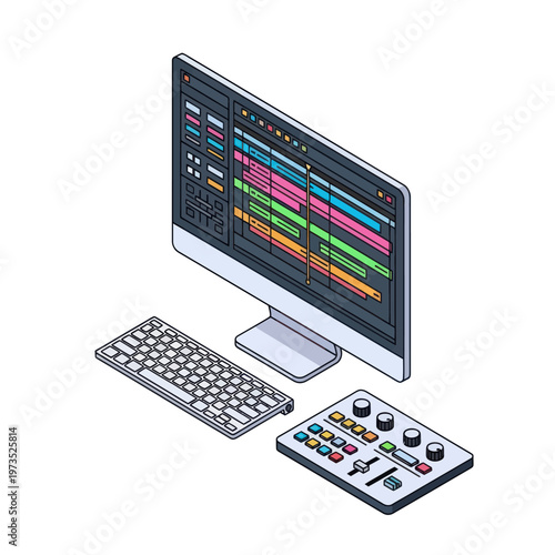 Isometric Music Production Setup with Computer, Keyboard, and Mixer.