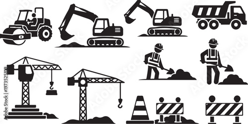 Construction site icons and equipment symbols set