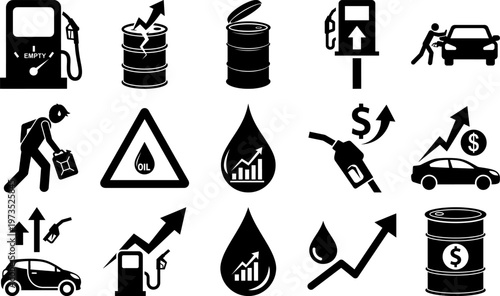 Black icons of fuel price increase and oil business on white background
