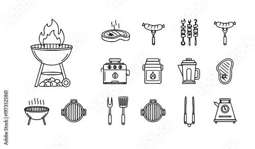 Barbecue outline icon set grill fire cooking tools and sausage editable stroke vector collection