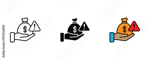 Human hand holding a dollar money bag with a warning triangle alert icon set in thin line art, solid black, and vibrant multicolored styles for financial risk, investment fraud, and budget crisis conc