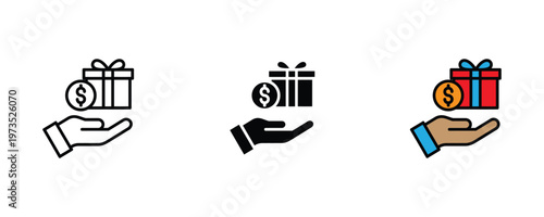 Human hand holding a gift box with a dollar coin icon set in thin line art, solid black, and vibrant multicolored styles for financial rewards, bonus payments, and corporate gifting concepts.