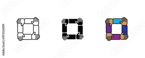 Vászonkép Four human hands joined together in a square frame icon set in thin line art, solid black, and vibrant multicolored styles for team unity, partnership, and community support concepts