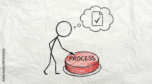 Stick Figure Pushing Large Red Process Button for Task Completion and Business Automation Concept