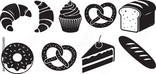 Variety of baked goods in black and white