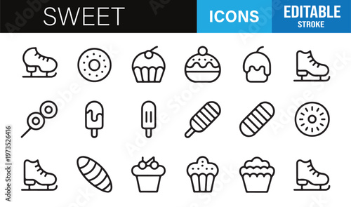 Sweet dessert and bakery line icons set with editable stroke for food apps and cafe menu design
