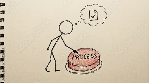 Hand-Drawn Stick Figure Pushing a Red Process Button for Business Automation and Workflow Efficiency