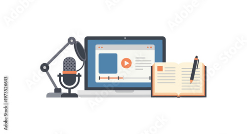 Microphone and laptop with notebook.