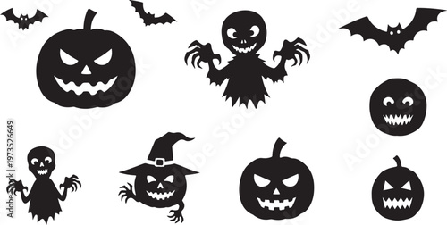 Halloween icons set with black silhouettes and characters