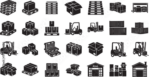 Warehouse icons set with forklifts and boxes