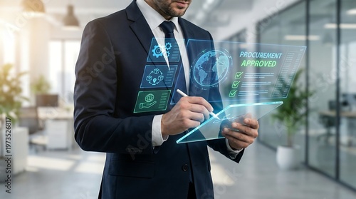 Businessman Approving Global Procurement Process on Futuristic Digital Transparent Tablet in Modern Office