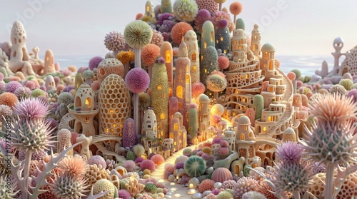 Whimsical Fantasy Coral City with Bioluminescent Organic Towers and Floral Structures