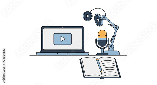 Microphone with headphones and laptop.