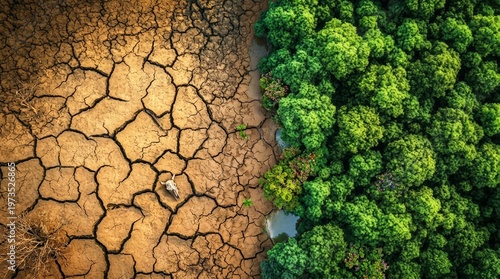 Aerial View Concept of Environmental Contrast Between Cracked Desert and Lush Green Forest