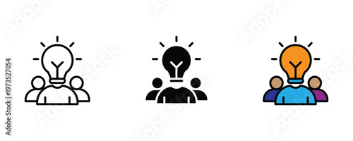 Creative team brainstorming session with a glowing lightbulb head person icon set in thin line art, solid black, and vibrant multicolored styles for innovation and new idea concepts. Vector Illustrati