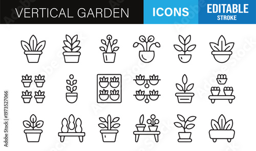 Modern vertical gardening icons collection featuring wall planters and hanging plants in outline style