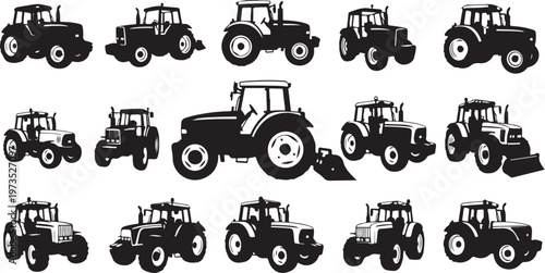 Tractors in Various Positions and Angles Silhouette