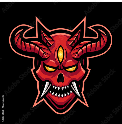 Vector illustration of a demonic skull with sharp horns in a dark fantasy style, symmetrical design isolated on a white background. Suitable for gaming mascots, esports logos, t-shirts, and stickers.