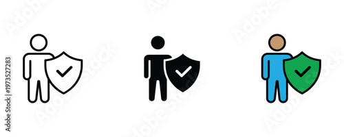 Person with verified protection shield icon set in thin line art, solid black, and vibrant colored styles for personal security, user safety, and reliable insurance concepts. Vector Illustration.