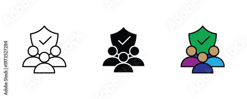 Collective team security and reliable group protection icon set in thin line art, solid black, and vibrant multicolored styles for insurance, community safety, and corporate defense concepts. Vector I