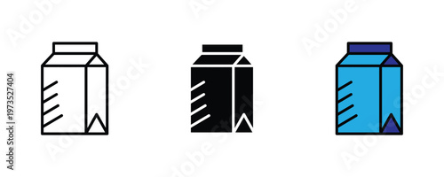 Dairy milk or juice paper carton package icon set in thin line art, solid black, and vibrant blue colors for beverage packaging and grocery retail concepts. Vector Illustration.