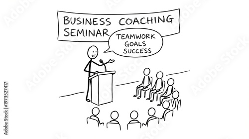 Business coaching seminar stick figure illustration with speaker, audience, and motivational concepts