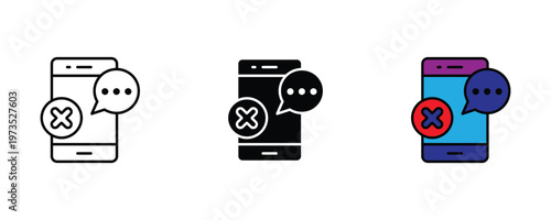Smartphone with speech bubble and cancel cross mark icon set in thin line art, solid black, and vibrant blue-purple colors for mobile message blocking, chat error, and communication failure concepts. 