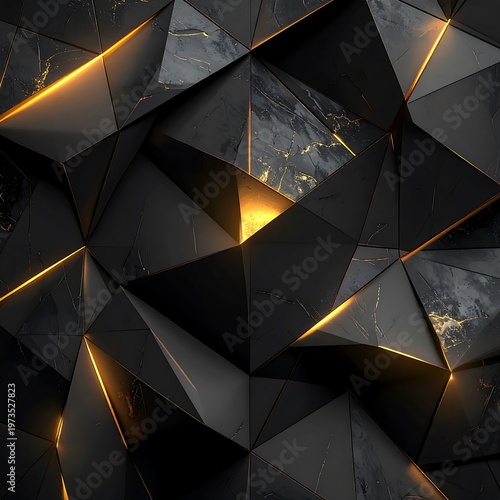 An abstract geometric design with jagged, triangular shapes in varying shades of black, accented by golden lines