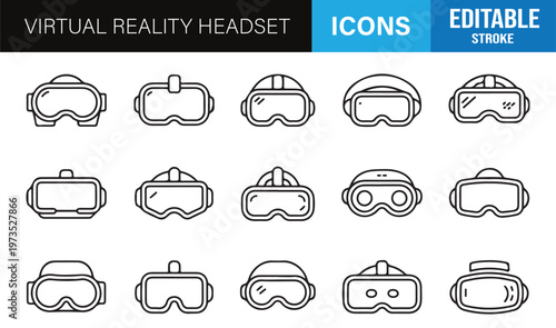 Virtual reality headset line icons set with editable stroke for modern UI and immersive technology design