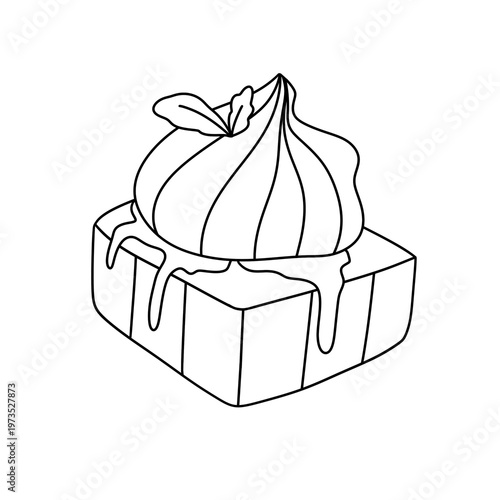 Delicate dessert topped with whipped cream and a leaf