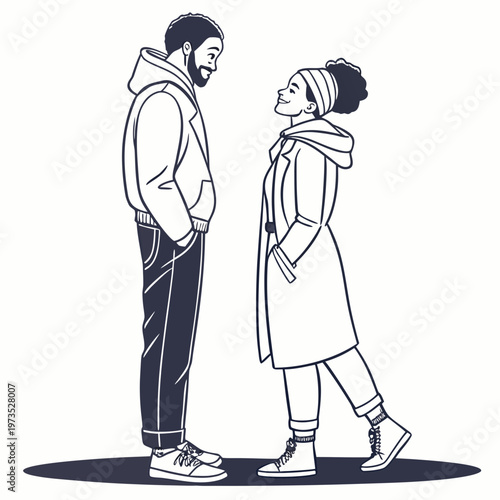 A stylized illustration depicts a young couple facing each other engaged in a moment of connection and mutual admiration