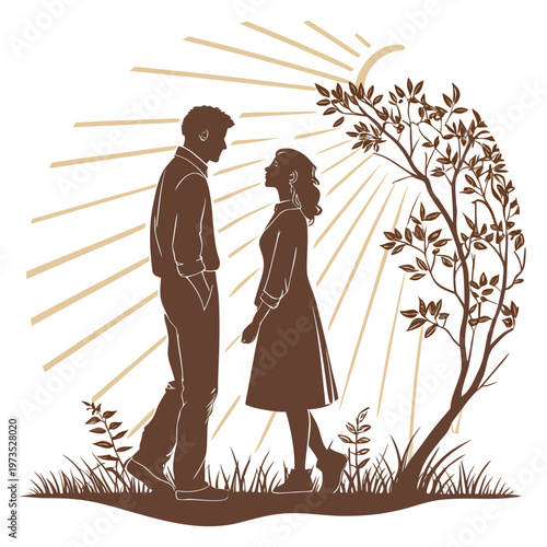 A silhouetted couple walks towards a radiant sunburst framed by a blossoming tree suggesting romance and a hopeful future together