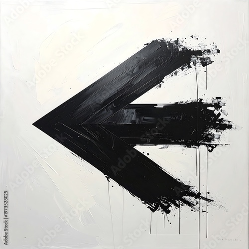 A stark, square painting features a bold, black, stylized chevron against a textured white background. The brushstrokes are visible