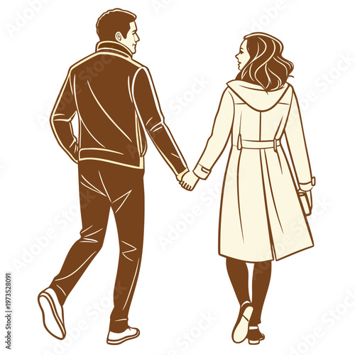 A stylish couple walks hand in hand viewed from behind showcasing a tender moment and fashionable outerwear high quality professional