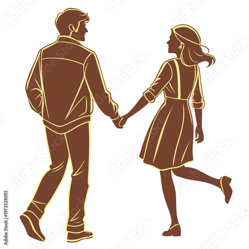 A golden line art illustration depicts a couple walking hand in hand facing away from the viewer symbolizing love and connection