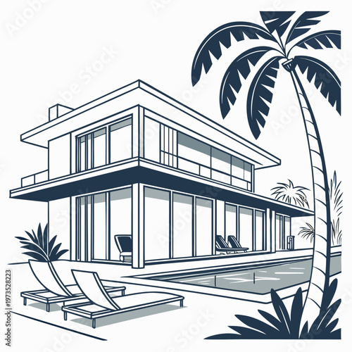 A modern minimalist house with a flat roof features a poolside lounge area and lush tropical vegetation high quality professional