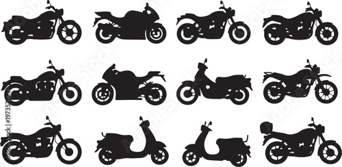 Silhouettes of various motorcycles and scooters on white