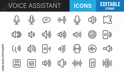 Editable stroke voice assistant icons pack for UI UX design featuring audio and speech recognition elements