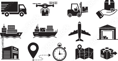 Logistics and transportation icons on white background
