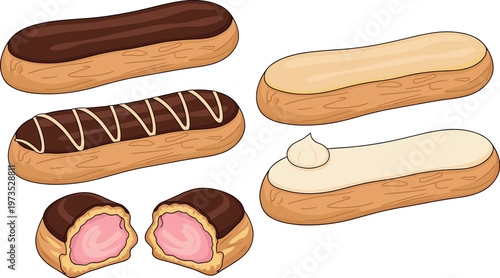 Eclair Pastry Collection Chocolate Cream Filled Dessert Bakery Flat Vector Set