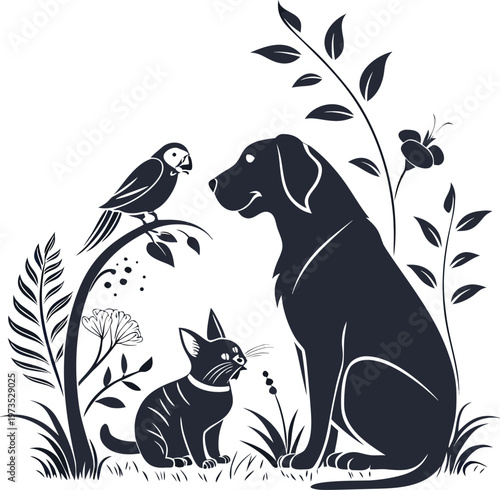 Black and white illustration of dog, cat, and parrot in garden together peacefully