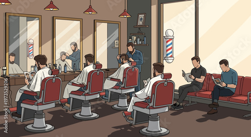 Barbershop scene with men getting haircuts and waiting.